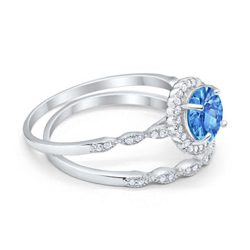 Two Piece Engagement Ring Round Simulated Blue Topaz CZ 925 Sterling Silver